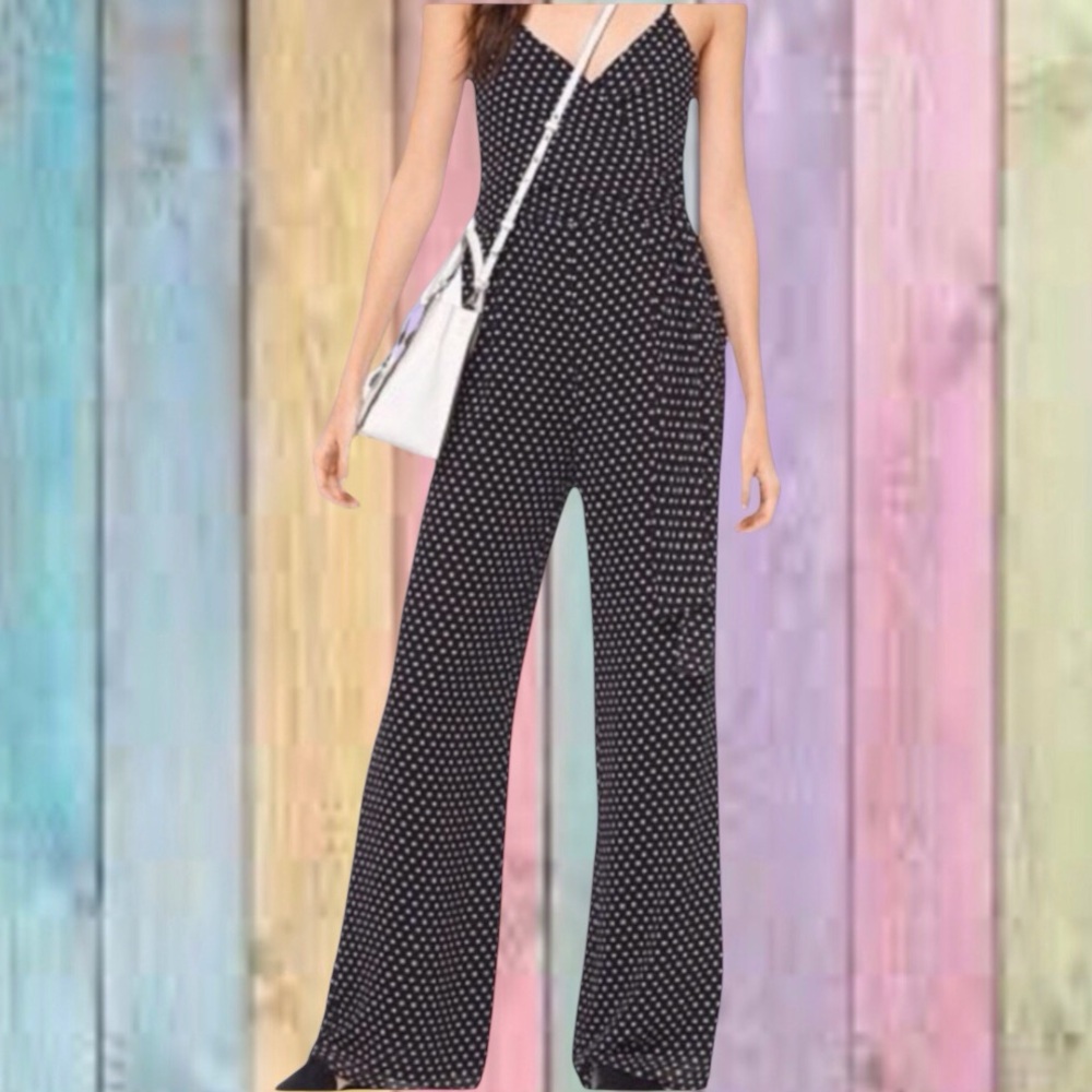 Michael Kors Black White Polka Dot V-neck Lined Jumpsuit